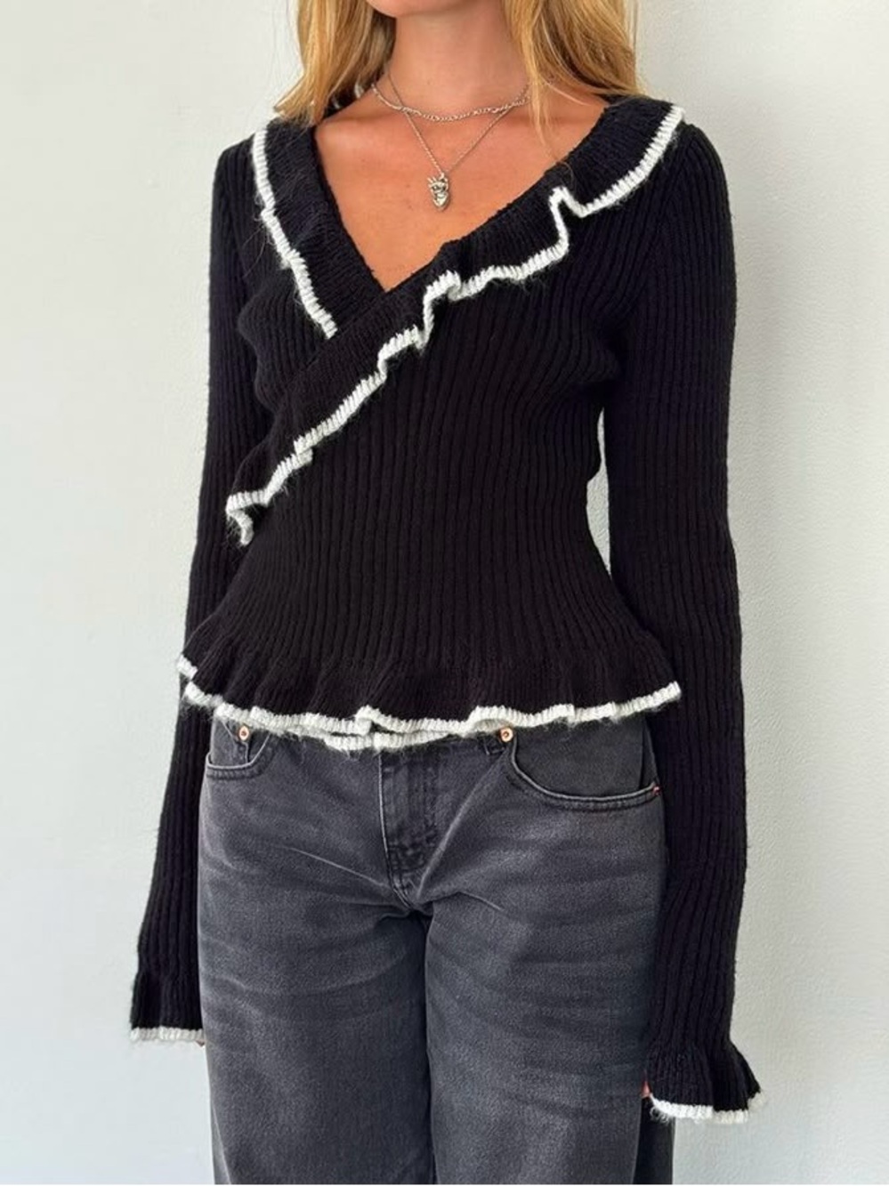 Knit Black Ruffle Trim Sweater Wrap Top